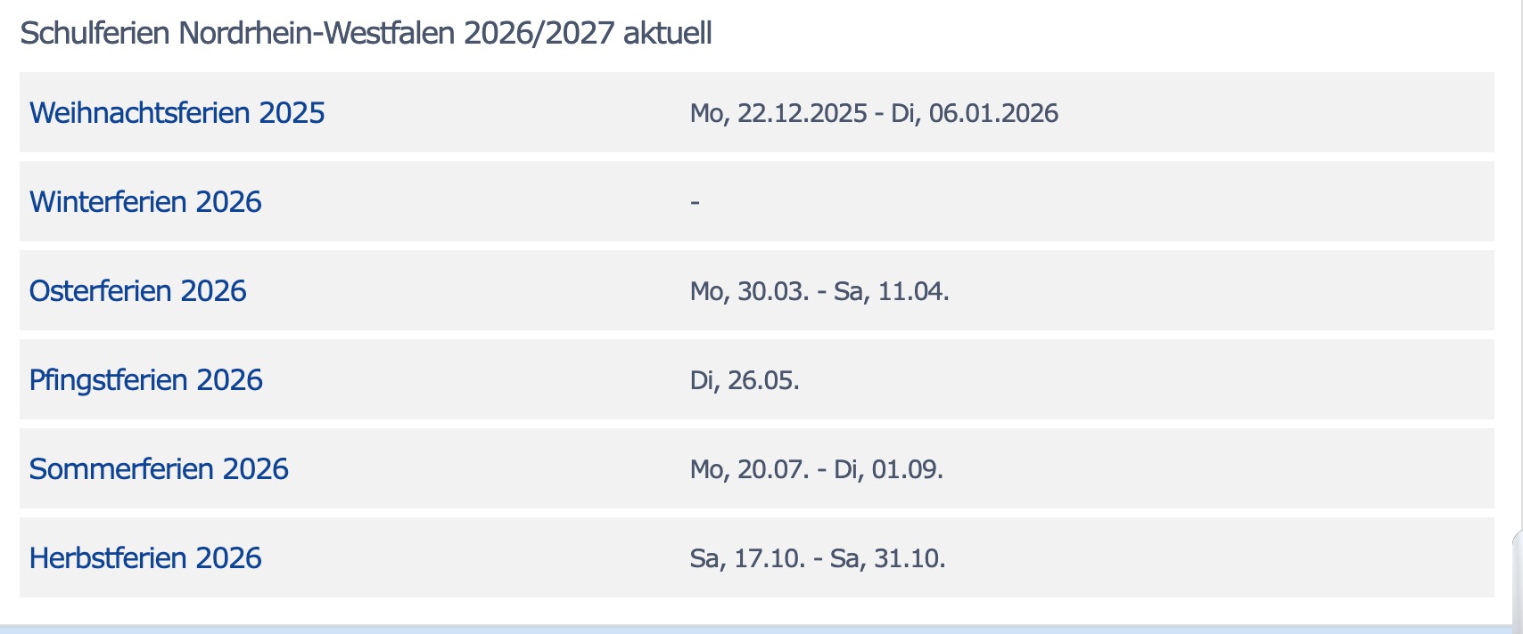 Schulferien NRW 2026